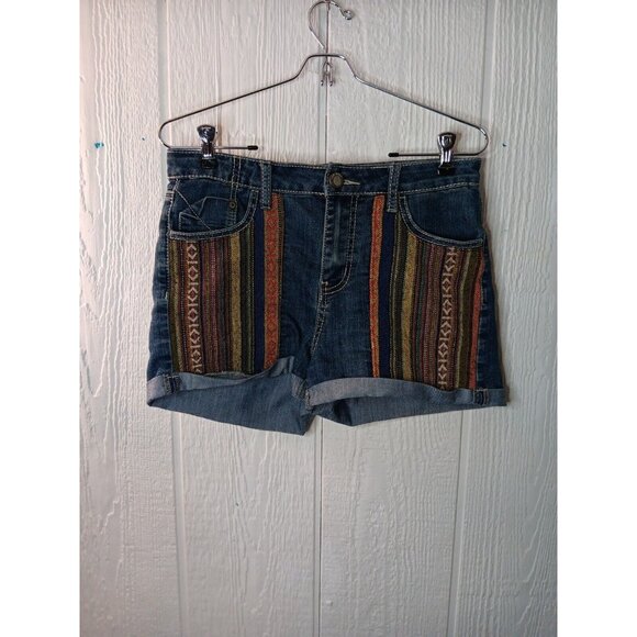 1st Kiss Pants - 1st Kiss Shorts Womens 7 Juniors Denim Tapestry Panels Medium Wash Blue Stretch